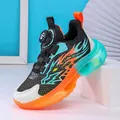 Boys' sports shoes with rotary buckle, black mesh upper and orange-teal thick sole. - 29 / Black Orange Floral