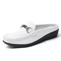 Stylish white wedge loafers for women, featuring textured leather and a gold buckle - 38 / White