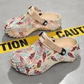 Large size men's printed clogs with tropical leaf pattern for beach and outdoor use - 40 / Printed Beach Clogs (2366) / Khaki