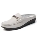 Elegant light gray leather slip-on wedge mules with stylish metallic buckle for women - 38 / Gray