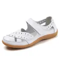 White leather hollow-out sandals with Velcro strap and textured tan sole for women - 35 / White