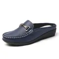 Comfortable navy blue slip-on loafer mules with wedge heel and decorative gold buckle - 38 / Dark Blue