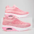 Breathable pink knit slip-on sneakers for women with visible air cushion platform soles - Pink
