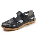 Comfortable black genuine leather hollowed-out women's sandal with adjustable strap - 35 / Black