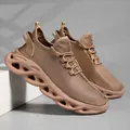 Khaki men's mesh breathable sneakers featuring shock-absorbing hollowed out blade soles - 39 / Brown