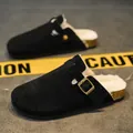 Warm black fleece-lined Birkenstock-style mule slippers with cork sole and buckle - 36 / Black Fleece Lined