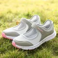 Grey and white mesh Mary Jane walking sneakers for women with pink sole detailing. - 35 / Light Gray
