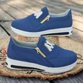 Blue women's casual sneakers featuring white platform soles and side zipper details. - 35 / Blue-Leather
