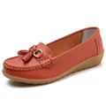 Comfortable orange leather women's loafers with tassel and soft wedge sole for moms. - Orange