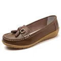 Elegant brown women's loafers featuring decorative tassel and comfortable soft wedge sole - Khaki