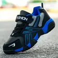 Lightweight breathable boys athletic sneakers in black and blue colorblock design - 28 / Leather Surface Version / Black & Royal Blue