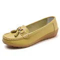 Elegant yellow leather loafers for women featuring decorative tassel and soft wedge sole - Fruit Green