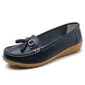 Navy blue leather loafers for women featuring soft wedge sole and stylish tassel detail - Dark Blue