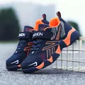 Durable boys navy blue and orange breathable mesh sneakers with secure velcro strap - 28 / Single Mesh Version / Dark Blue Orange