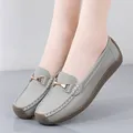 Comfortable grey leather loafers for women featuring a stylish gold metal buckle detail - 35 / Gray