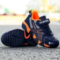 Boys breathable navy blue and orange sports running shoes with durable leather surface - 28 / Leather Surface Version / Dark Blue Orange