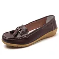 Elegant dark brown leather loafers for women with a gold buckle and stylish tassels decoration - Coffee