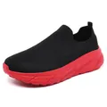 Men's breathable fly-knit slip-on sports shoes with red sole and black upper - Black Red