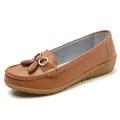Comfortable brown leather loafers for women featuring tassel detail and soft wedge sole - Light Brown