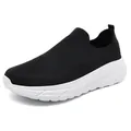 Breathable black flyknit slip-on athletic shoes for men with wide toe box design - Black and White