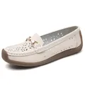Beigefarbene Damen-Slipper mit floralem Lochmuster und goldener Schnalle, bequem - 35 / Beige Aushöhlen