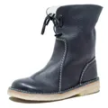 Navy pebbled leather mid-calf snow boots with white contrast stitching and lace-up detail. - 35 / Black