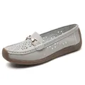 Bequeme graue Damen-Loafer mit Laser-Ausschnitt, flacher Sohle und Metallschnalle - 35 / Grau Ausgeschnitten