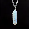 Detailed view of handmade tree of life wire wrapped opalite crystal pillar necklace - Small Opal