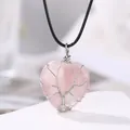 Collar con colgante de corazón de cuarzo rosa con diseño de árbol de la vida envuelto - Cuarzo rosa
