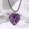Handmade purple amethyst heart pendant necklace with silver wire wrapped tree of life design - Amethyst