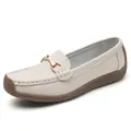 Elegantes mocasines de cuero beige para mujer con hebilla dorada y suela de goma duradera - Blanco Roto