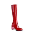 Stylish red patent leather knee high boots featuring a unique transparent chunky heel - Red