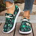 Women's St. Patrick's Day green shamrock print casual canvas slip-on sneakers with laces - 36 / Green