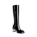Damen-Stiefel aus schwarzem Lackleder mit modischem klarem Blockabsatz in Kniehöhe - 35 / Einzelnes Futter-Stil / Schwarz