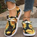 Stylish women's canvas shoes with vibrant sunflower print and comfortable white sole - 36 / Black Sunflower Print