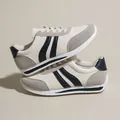 Elegant beige and grey lace-up sneakers with black stripes and soft flat non-slip sole - 35 / Blue