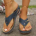 Comfortable women's blue wedge thong sandals with stylish white stitching and gold buckles - 38 / Dark Blue