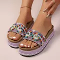 Close-up of ethnic platform sandals with colorful beads and pearl embellishments - 35 / Violet