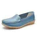 Comfortable blue leather loafers for women with soft cushioned sole and white stitching - 38 / Blue