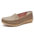 Khaki leather flat loafers with soft sole and contrast stitching for women - Khaki