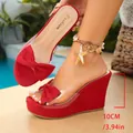 Close-up of red bow wedge sandals with 10cm high platform for summer - 35 / Red (901)