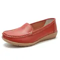 Comfortable red leather flat loafers for women with soft sole and contrast stitching - Orange