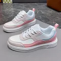 Stylish women's low-top patchwork sneakers with pastel pink and blue leather accents - 38 / Pink