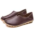 Elegant women's dark brown pebbled leather flat loafers featuring stylish white contrast stitching - Coffee