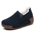 Navy blue suede slip-on shoes for women with warm white fleece lining and thick platform sole - 35 / Fur Lined / Blue