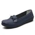 Comfortable navy blue loafers with white stitching and textured sole for women - 35 / Dark Blue