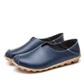 Casual navy blue leather-textured women's flat loafers with comfortable bubble rubber sole - Dark Blue