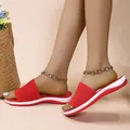 Detail of breathable red fly knit upper and cushioned sole on casual flat sandals - 35 / Red