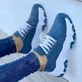 Stylish casual women's platform sneakers featuring blue denim fabric and chunky white soles - 35 / Blue