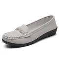 Grey soft leather flat loafers for women featuring a braided strap and white stitching - 38 / Gray